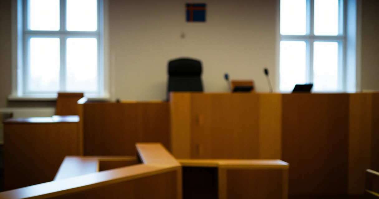 Hiljainen suomalainen oikeussali puisine penkkeineen ja pohjoisen luonnonvalossa
