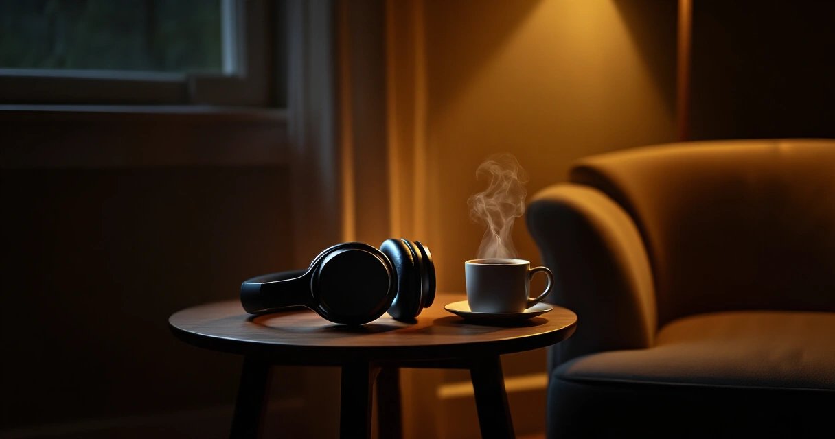 Kuuntelija valmistautuu kuuntelemaan suomalaista true crime podcastia kotisohvalla iltavalossa