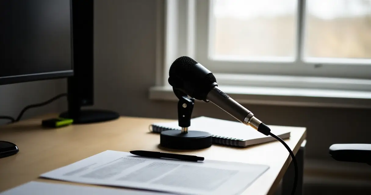 Ammattina rikos podcast -studio, mikrofoni ja muistiinpanot pöydällä
