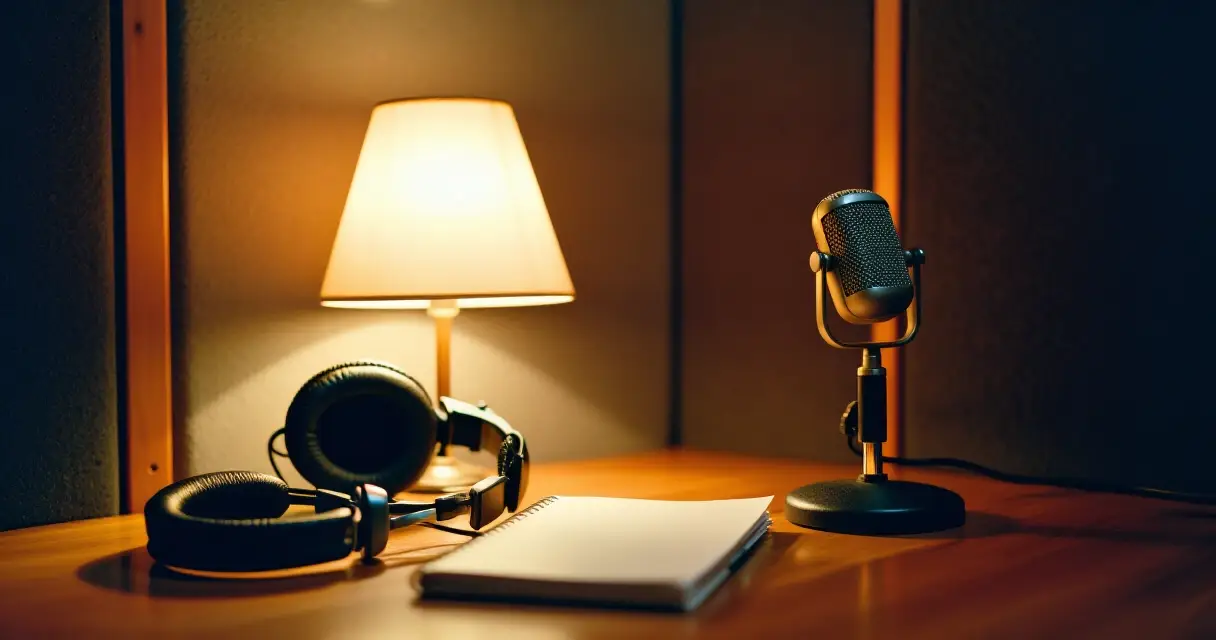 Radiol&auml;hetysstudio mikrofoneineen ja kuulokeineen, l&auml;mmin valaistus