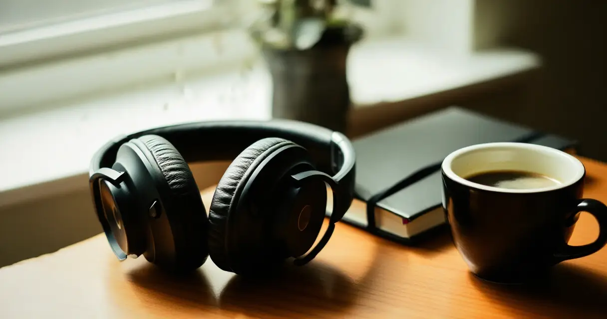 Kuulokkeet pöydällä kahvikupin vieressä – rikospodcastin kuunteluhetki