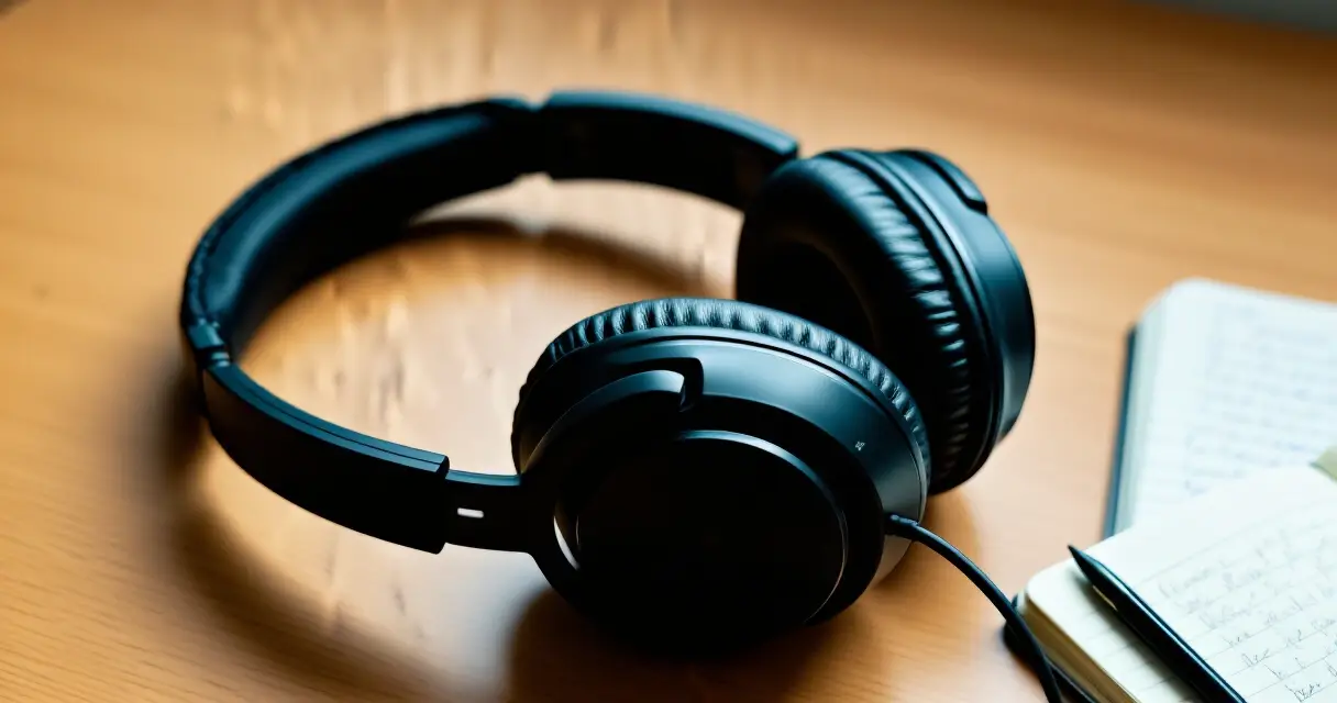 Kuulokkeet ja muistiinpanot pöydällä – true crime -podcastin kuuntelu
