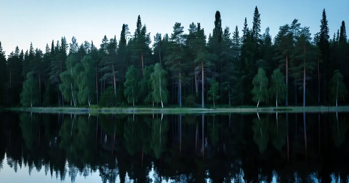 Synkkä suomalainen järvimaisema havumetsässä hämärässä, dramaattinen valaistus