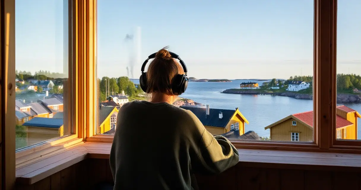 Kuuntelija nauttii suomenruotsalaisesta podcastista rannikkokaupungin ikkunan äärellä