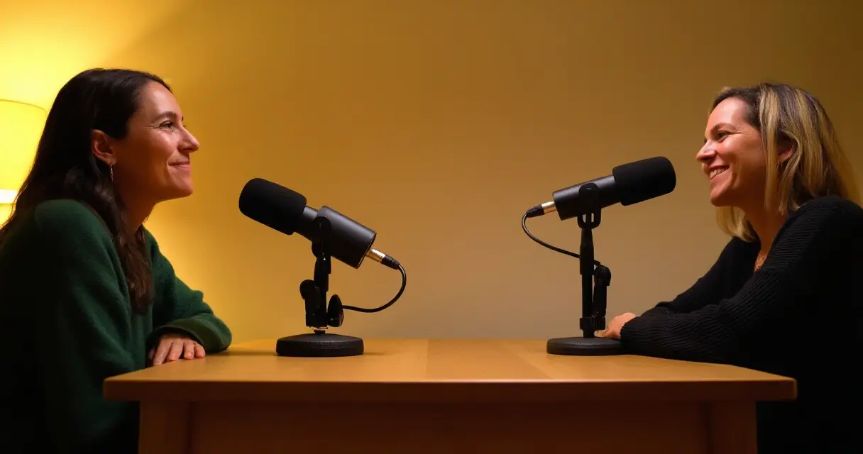 Kaksi naista podcast-mikrofonien äärellä kotistudiossa