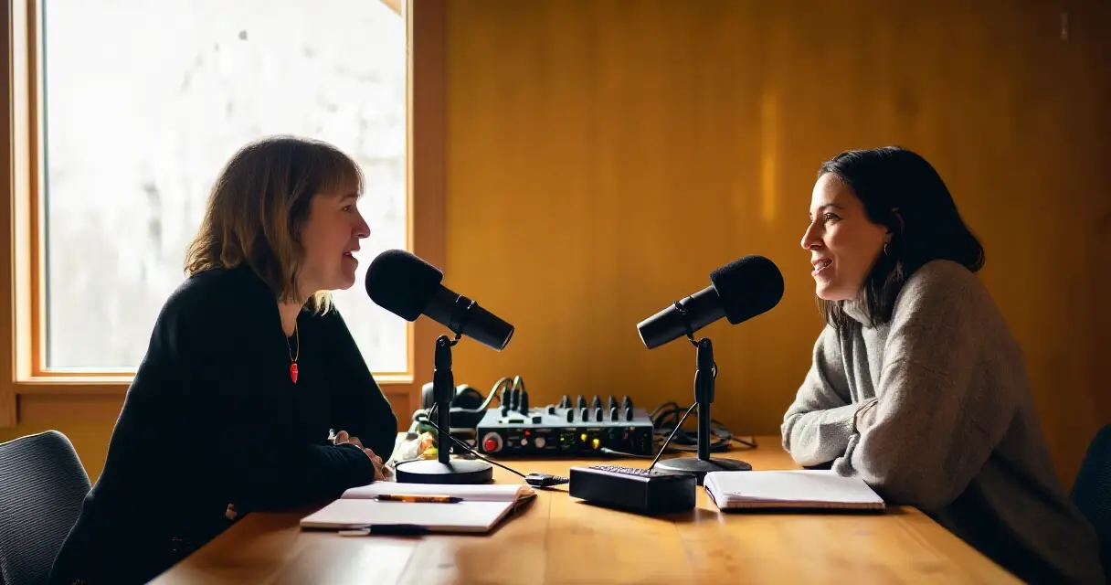 Kaksi naista nauhoittaa podcast-jaksoa studiossa mikrofonien ääressä