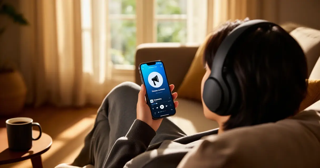 Henkilö kuuntelee podcastia kuulokkeilla kotona rennosti sohvalla