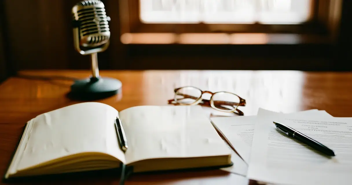 Toimittajan pöytä oikeusasiakirjoineen ja mikrofoneineen – lähdekritiikki podcastissa