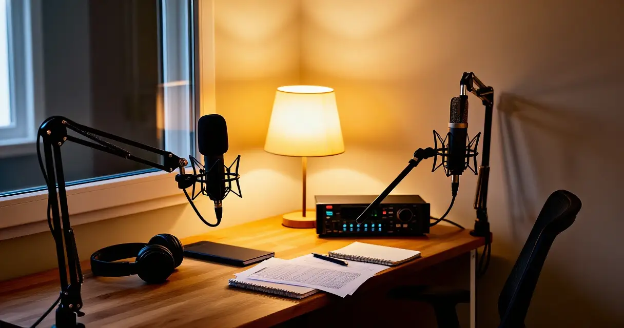 Suomalainen podcast-studio äänityslaitteistoineen ja muistiinpanoineen