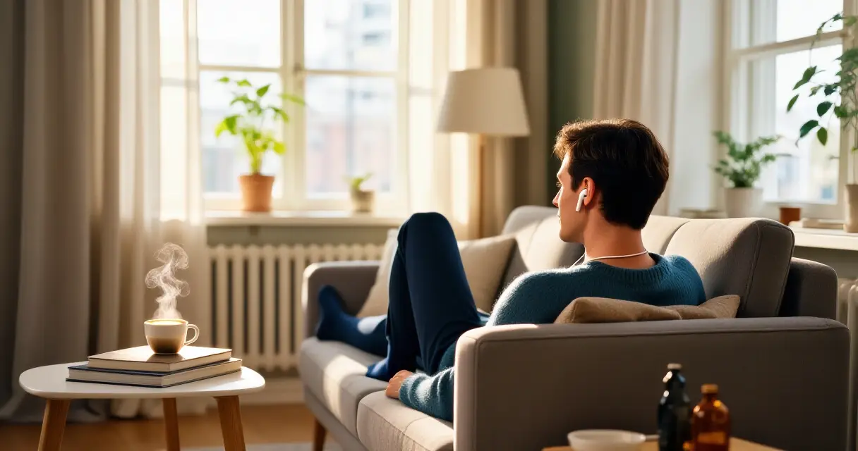 Henkilö kuuntelee podcastia kuulokkeilla valoisassa pohjoismaisessa olohuoneessa