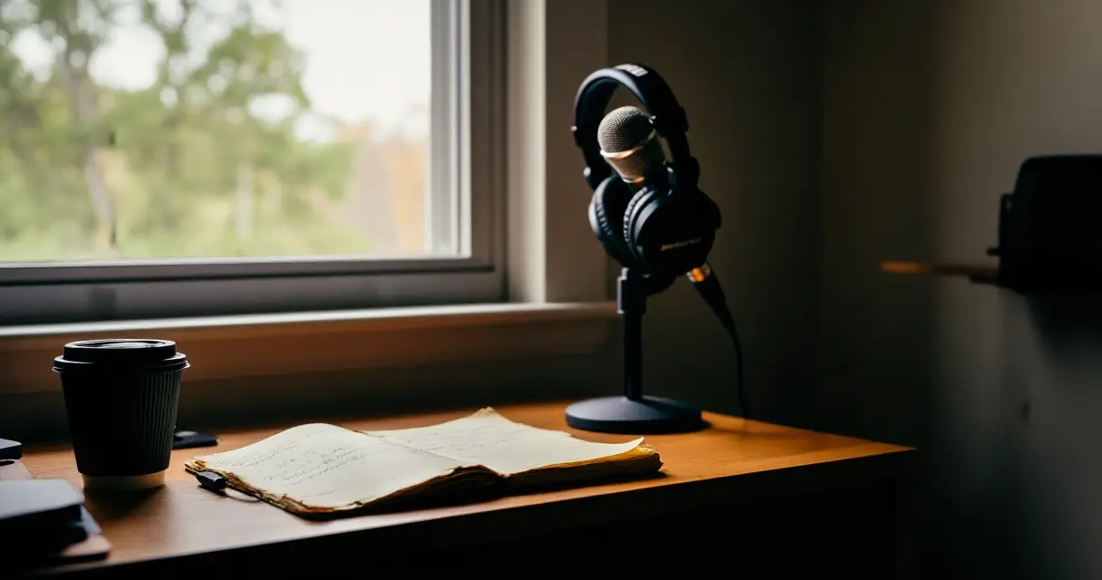 Podcast-mikrofoni ja muistiinpanot kuuntelijan p&ouml;yd&auml;ll&auml;, true crime -kulttuurin symboli