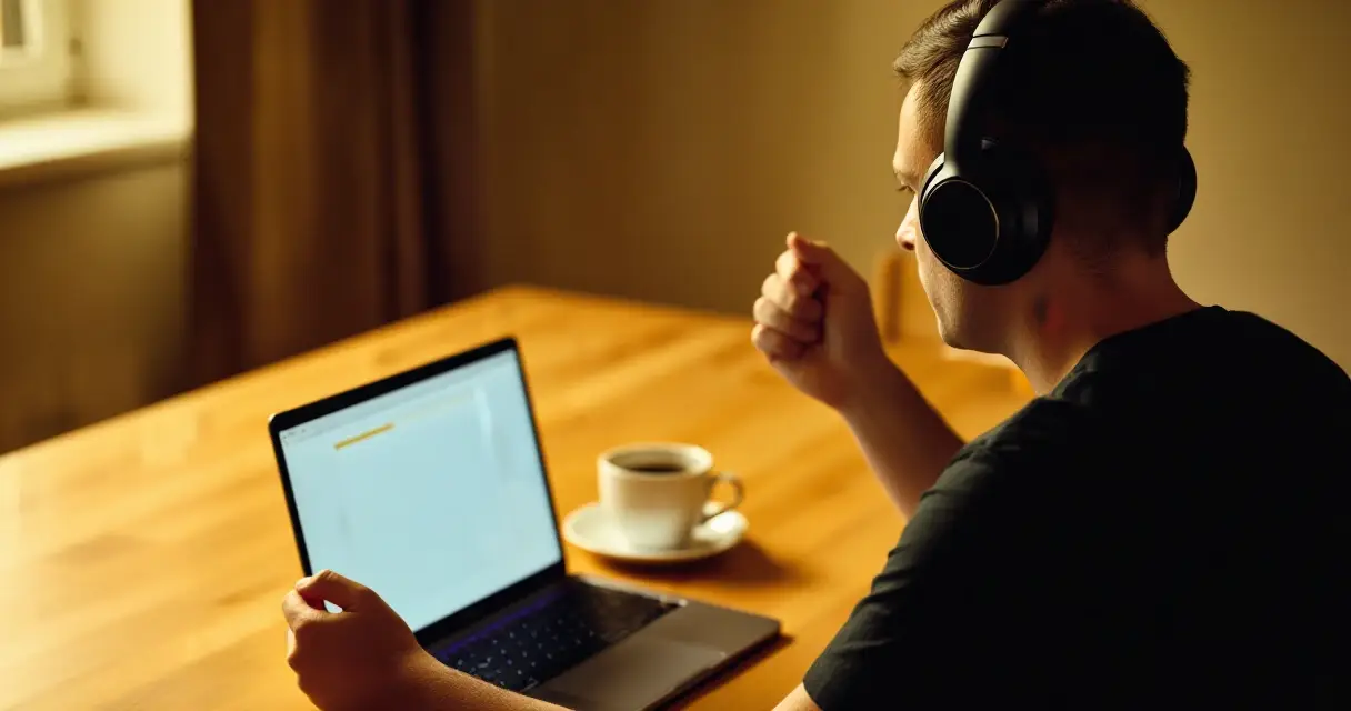 Henkil&ouml; kuuntelee podcastia kannettavalla tietokoneella kotona, luonnonvalo ikkunasta