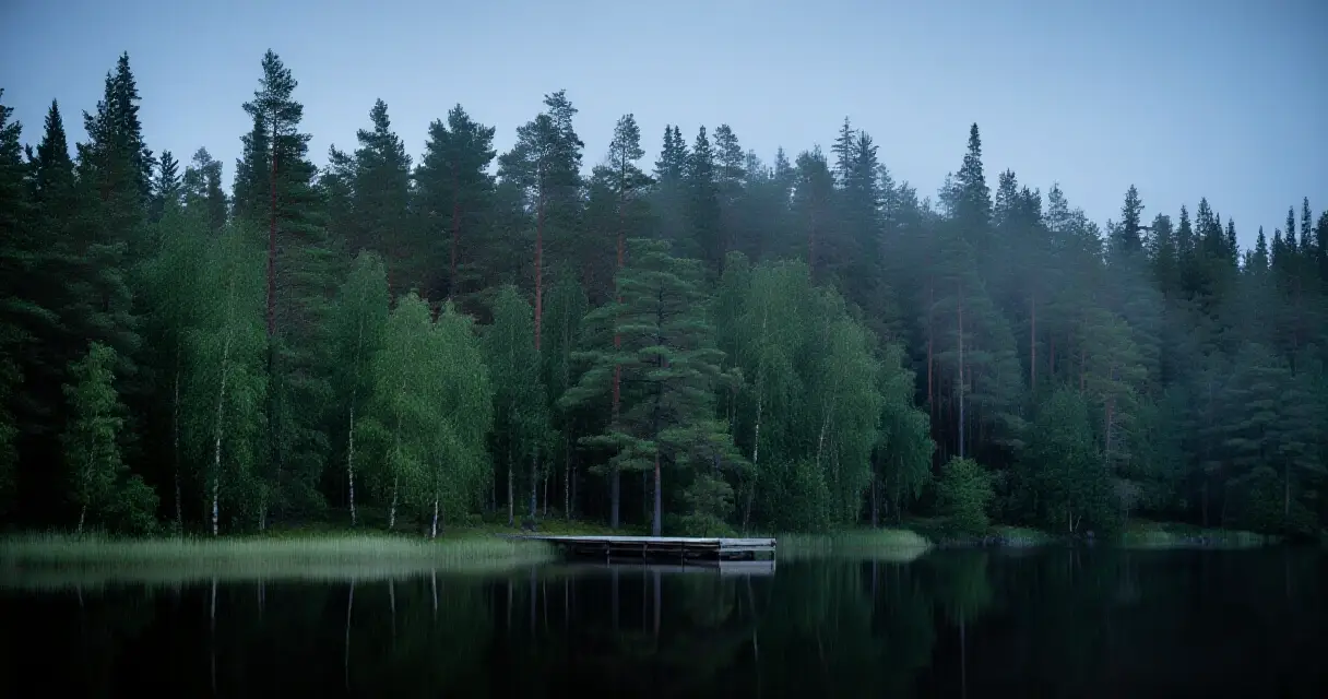 Suomalainen j&auml;rvimaisema h&auml;m&auml;r&auml;ss&auml;, misty pine trees reflecting in dark water