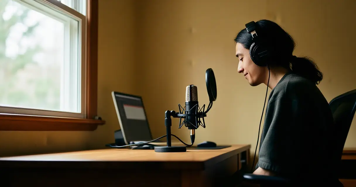 Henkilö nauhoittaa podcastia kotistudiossa mikrofonin ja kuulokkeiden kanssa