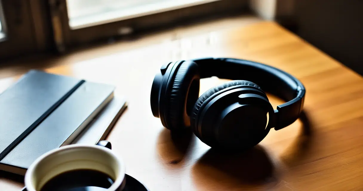 Kuulokkeet ja kahvimuki p&ouml;yd&auml;ll&auml; &ndash; true crime -podcastin kuuntelua