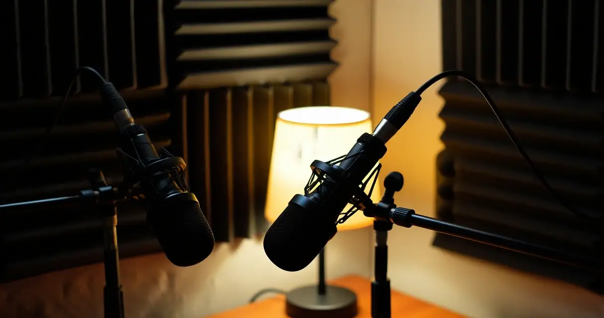 Podcast-studion mikrofonit ja &auml;&auml;nieristetty huone h&auml;m&auml;r&auml;ss&auml; valaistuksessa