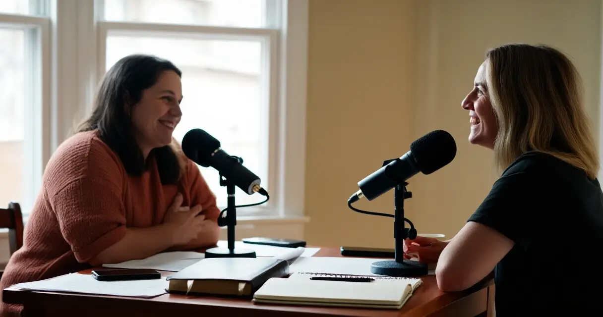 Kaksi naista äänittämässä podcastia kotistudiossa mikrofonien ääressä