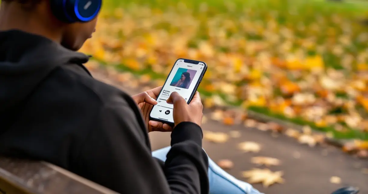 Henkilö kuuntelee podcastia kuulokkeilla puiston penkillä syksyllä