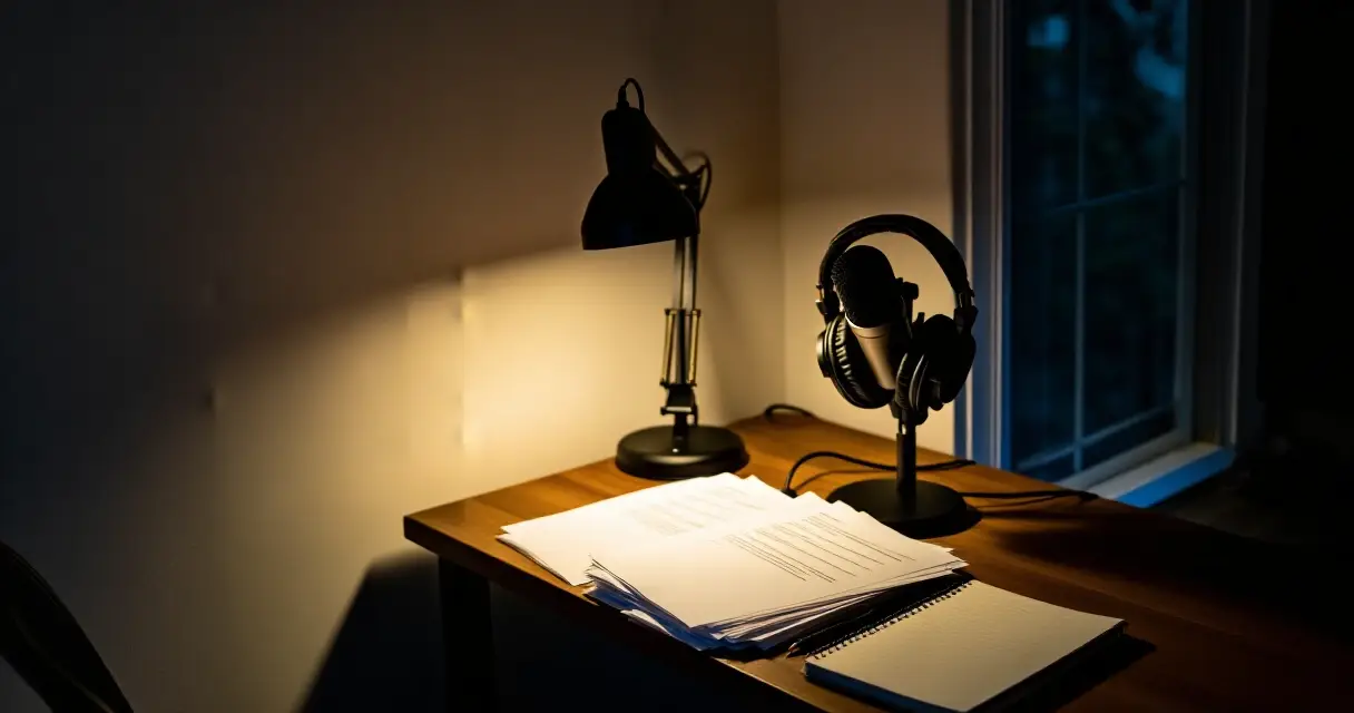 Podcast-studion pöytä iltavalossa mikrofonilla ja muistiinpanoilla