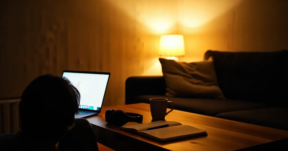 Henkilö katsoo rikosaiheista videosisältöä läppäriltä illalla kotonaan